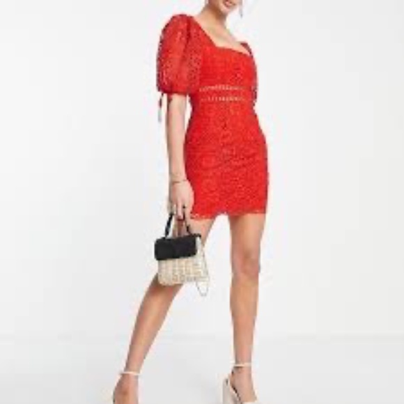 ASOS Red Lace Tie Sleeve Mini Tea Dress Sz 12 - Picture 1 of 7